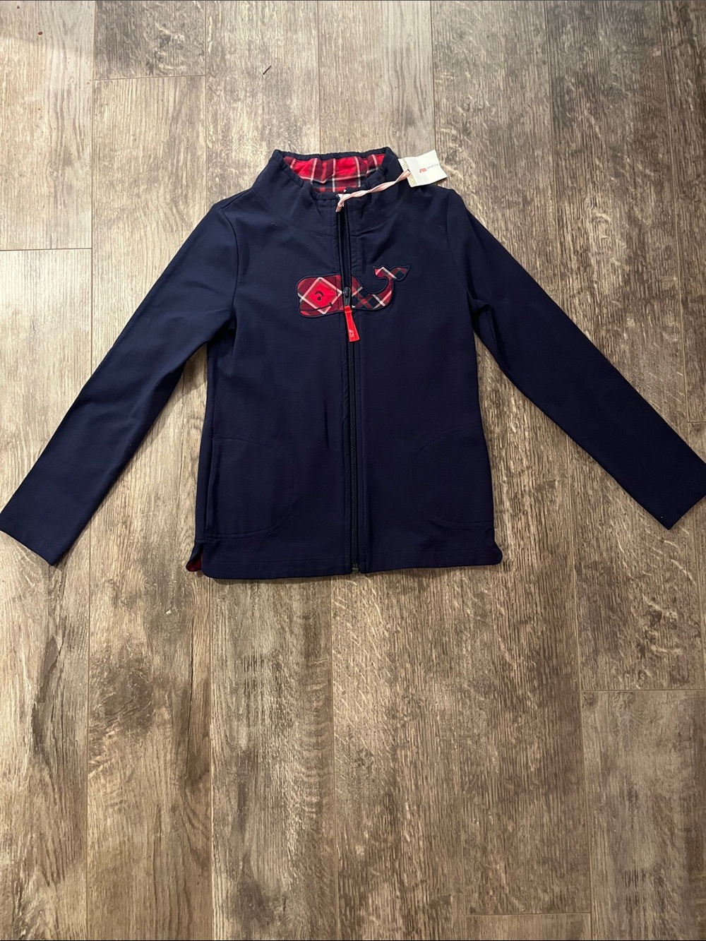 Vineyard Vines Navy Zip-Up Hoodie with Red Plaid Whale Logo Size 5-6 NWT